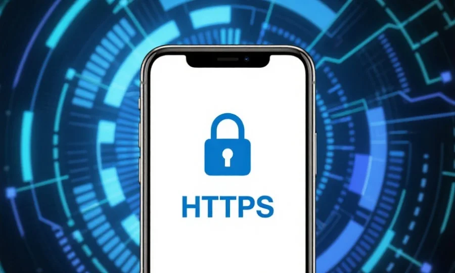 手机屏幕上显示HTTPS标志和锁形图标，背景为抽象的网络安全元素